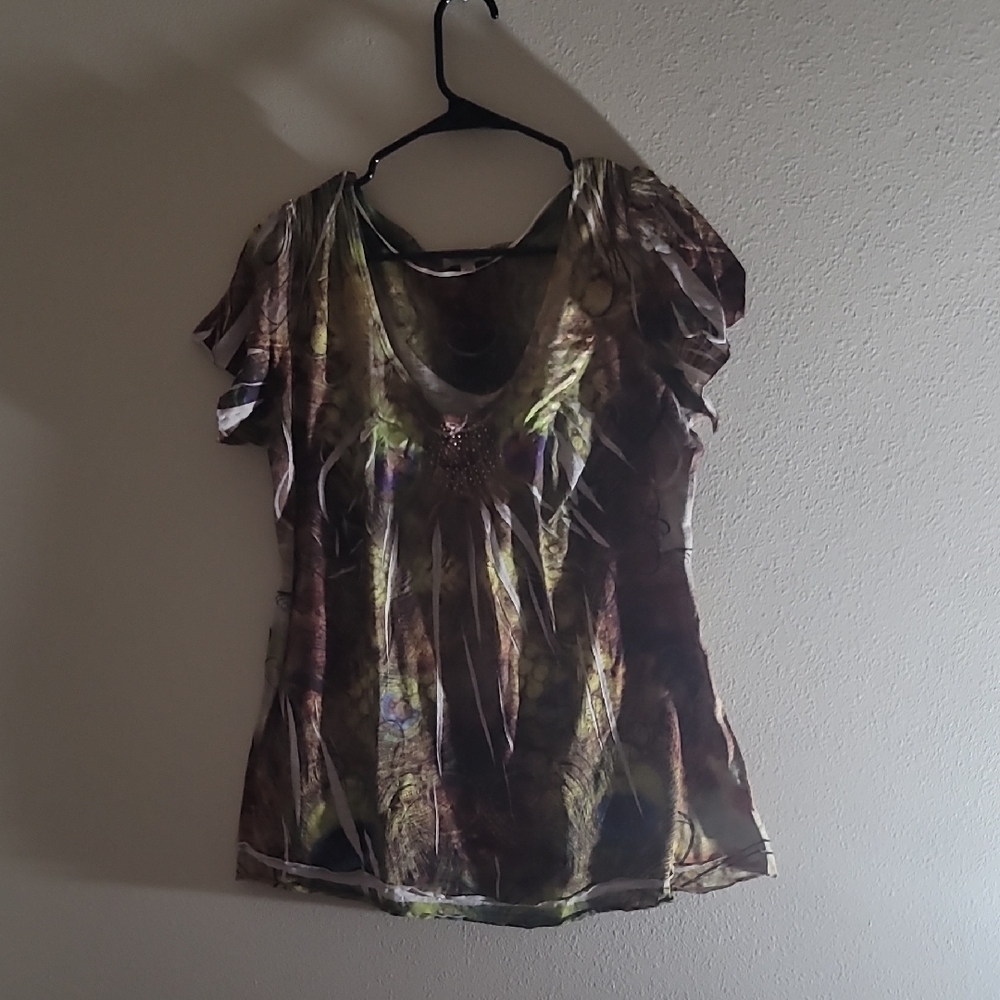 ONE WORLD Green and Brown Fitted Ruffled Blouse